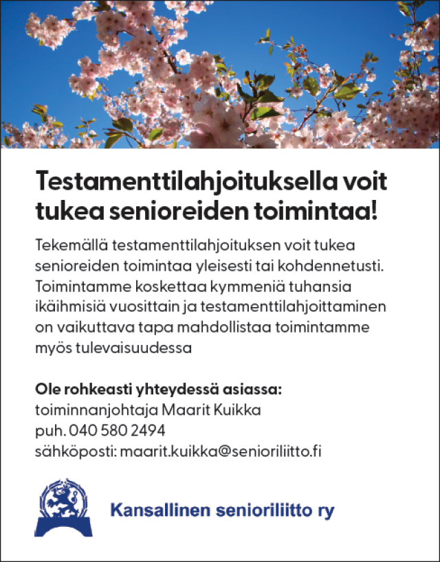 Testamenttilahjoituksella voit tukea senioreiden toimintaa!